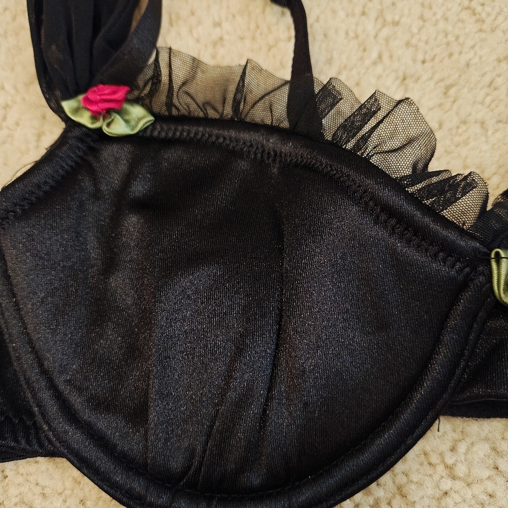 Sugar Thrillz Forbidden Fling Satin Bra w Lace, Rose Buds, Drape Sleeves Ruffles - Picture 8 of 14